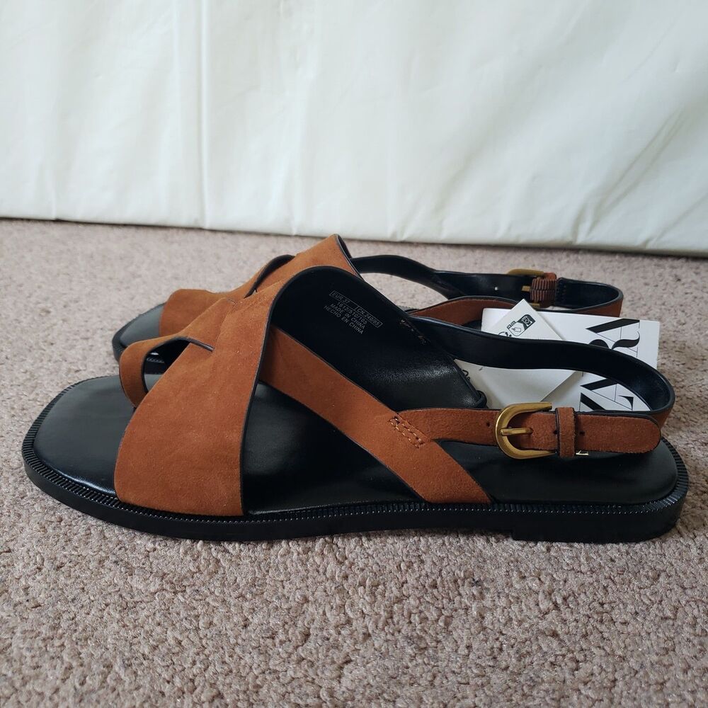 Zara Nwt Suede Leather Slide Strappy Sandals Toe Loop Metal Buckle Sz 6.5 Brown - Picture 5 of 13